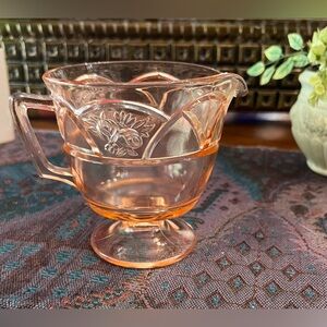 Federal Depression Rosemary "Dutch Rose" Pink Handled & Footed Creamer